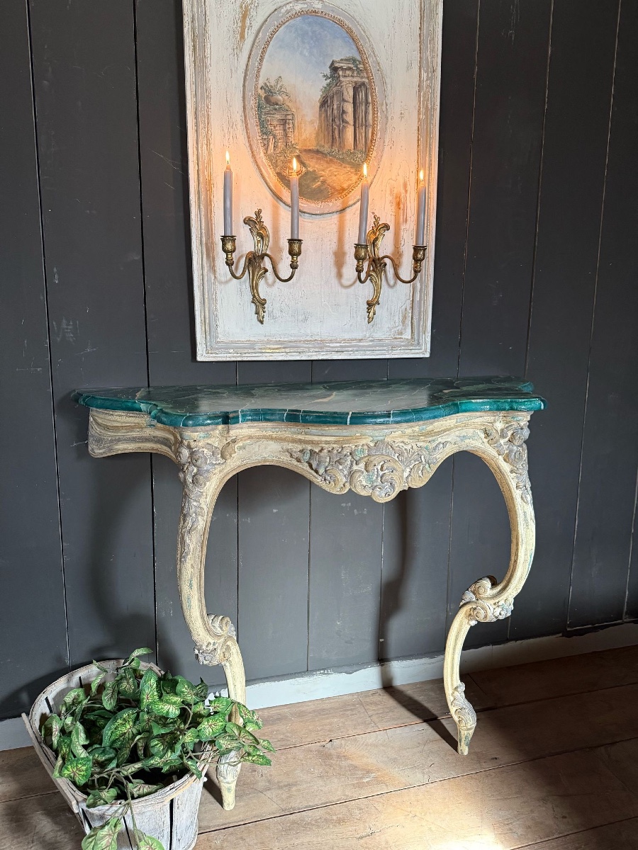 19th Century Carved Console Table With Beautiful Patina, Green Marble