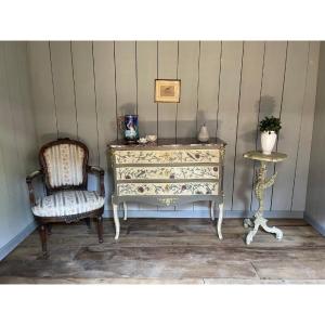 Commode Beautifully Decorated With Foliage And Birds Late 19th With Marble