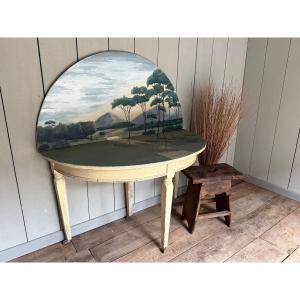 Table console Demi Lune Datant Du 18e Siècle Directoire Patinée  Avec Une Peinture 