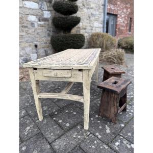 Farmhouse Table With Painted Patterns And Patina 