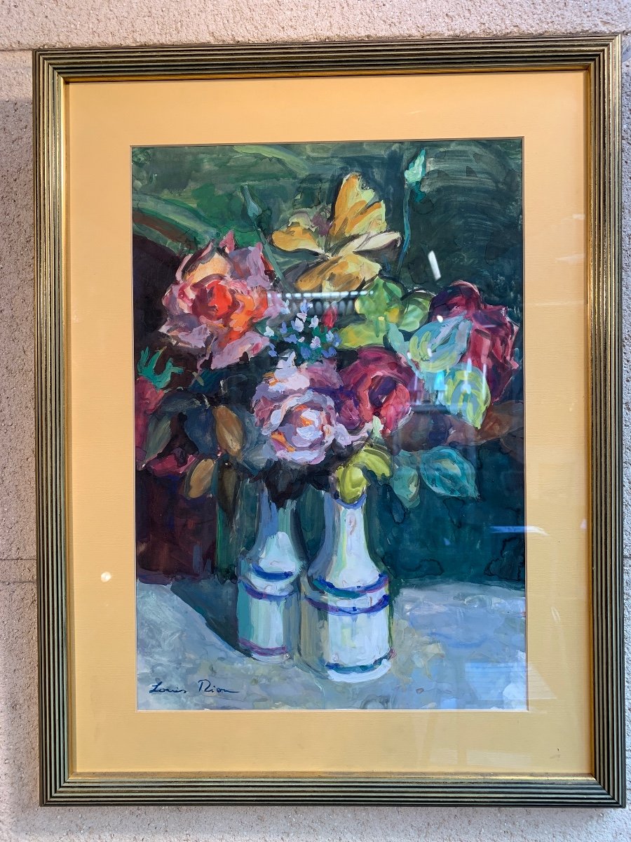 Gouache Nature Morte Aux Fleurs Par Louis Riou