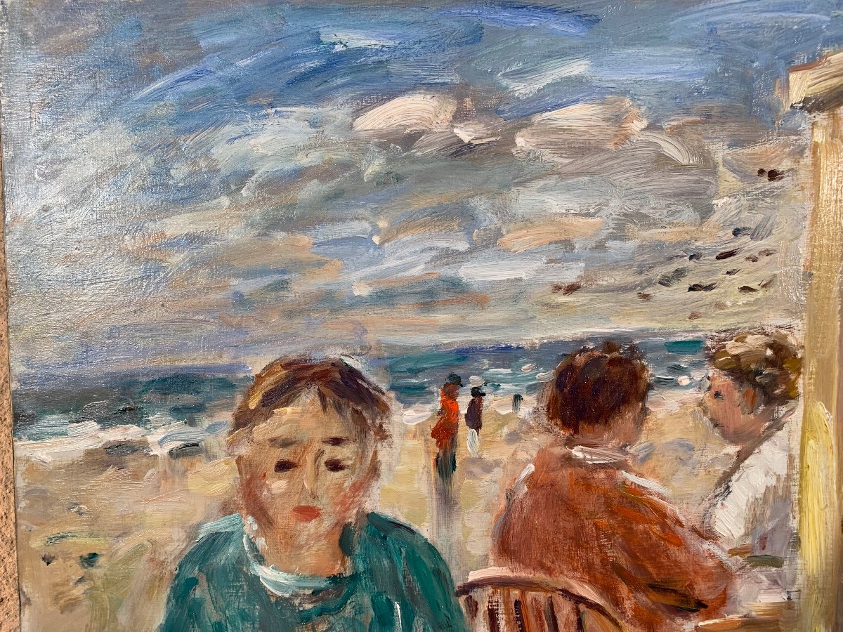 Jean Jacques René  ,la Terrasse Sur La Plage,huile SurToile.-photo-4