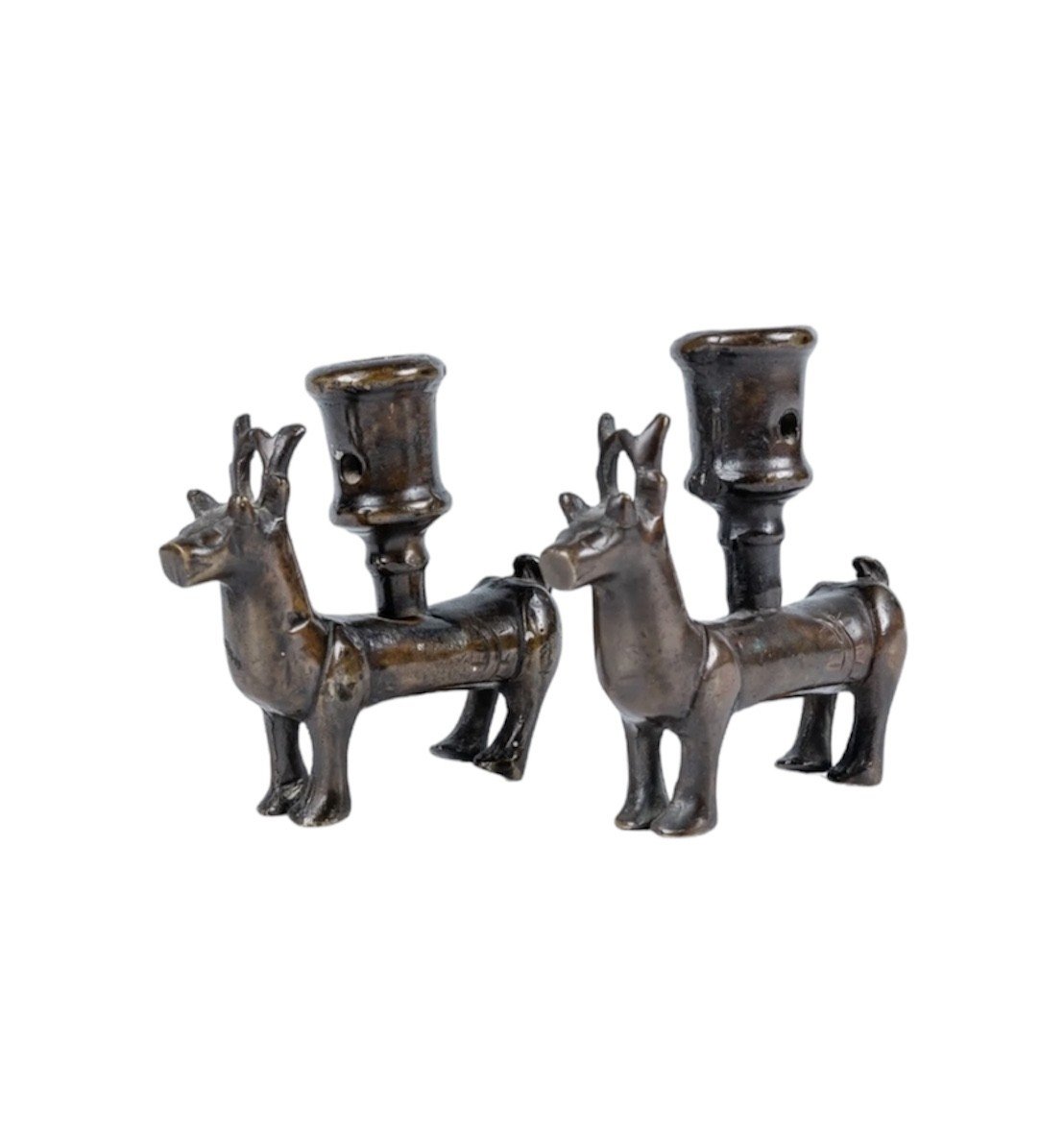 Pair Of Bronze Candlesticks - Deer Candlesticks, Zoomorphic - High Period - Northern Europe