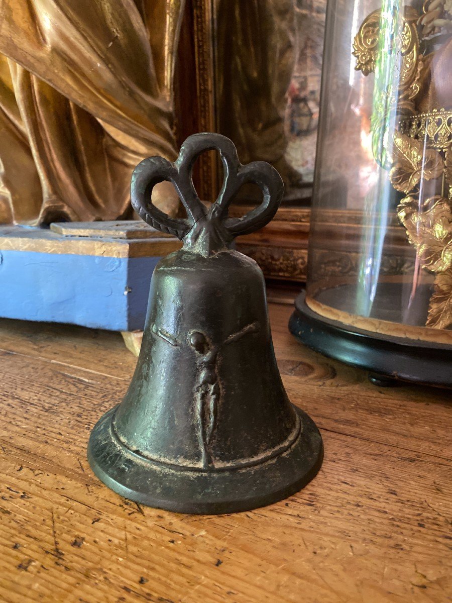 Petite Cloche De Messe En Bronze - D&eacute;cor De Christ En Croix - Haute &eacute;poque - France-photo-2