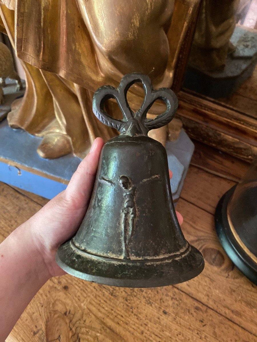 Petite Cloche De Messe En Bronze - D&eacute;cor De Christ En Croix - Haute &eacute;poque - France-photo-3