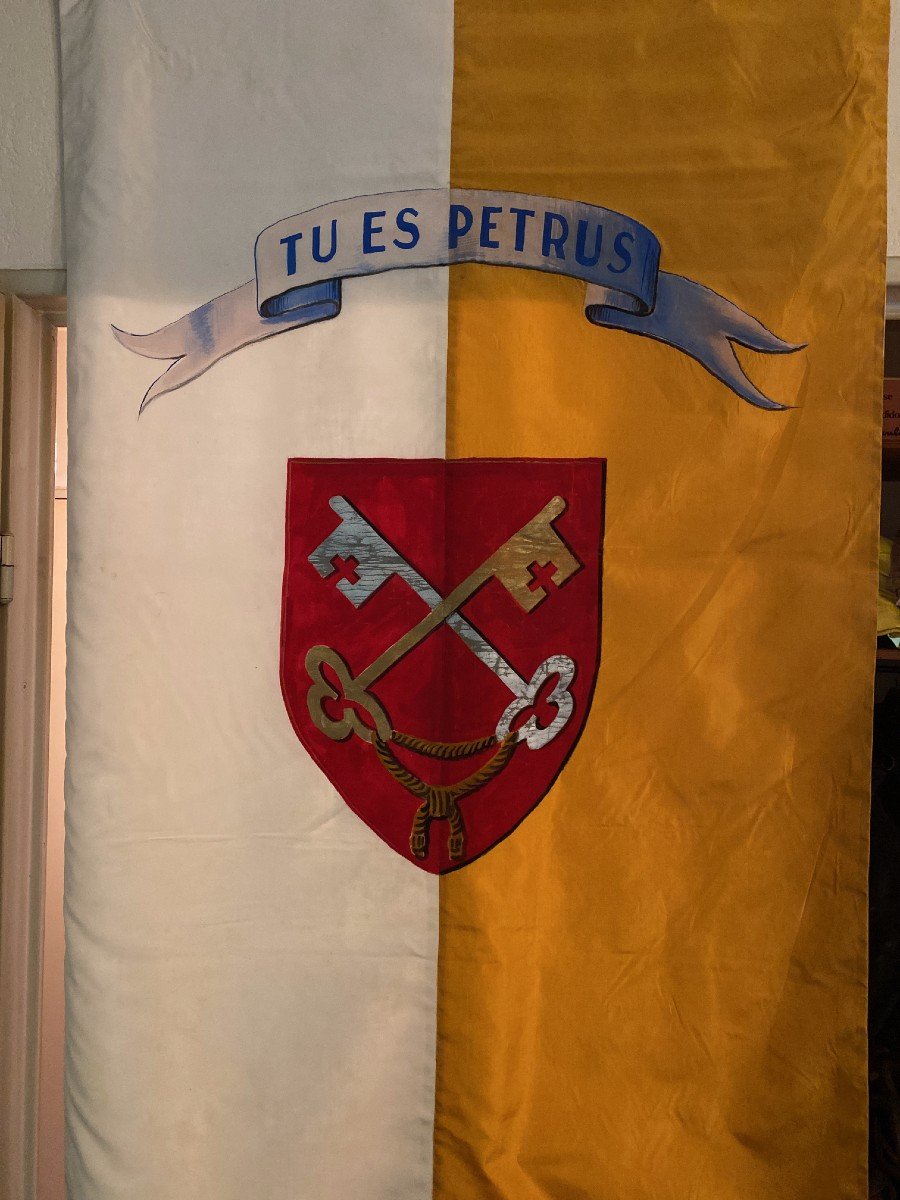 Pair Of Religious Banners – Saint Peter, Holy Virgin Mary Queen Of Heaven – Coats Of Arms-photo-2