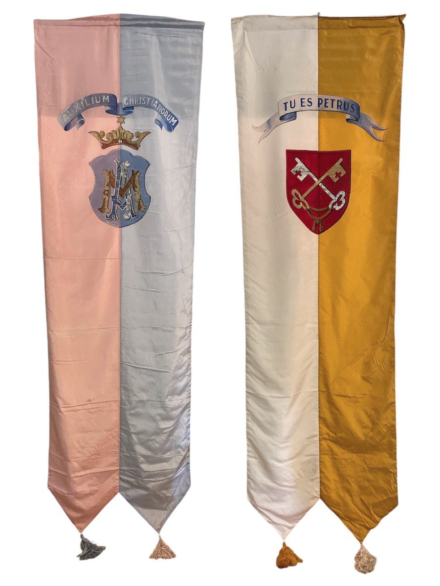 Pair Of Religious Banners – Saint Peter, Holy Virgin Mary Queen Of Heaven – Coats Of Arms