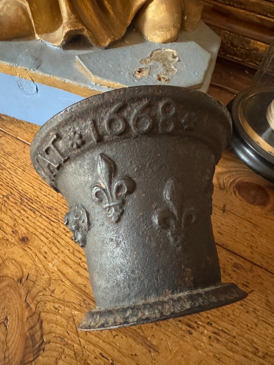 Apothecary's Mortar - Named And Dated, Fleur-de-lis And Cherubs' Heads - Early Period-photo-3