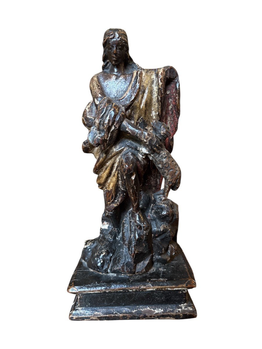 Carved Wooden Statue - Saint John The Baptist And The Lamb - Spanish School - Late Period