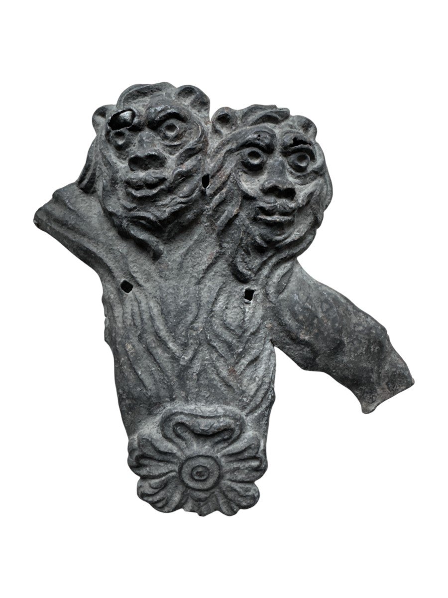 Curiosity – Repoussé Iron Fragment: Devil, Siamese Lion, Anthropomorphic – 18th Century