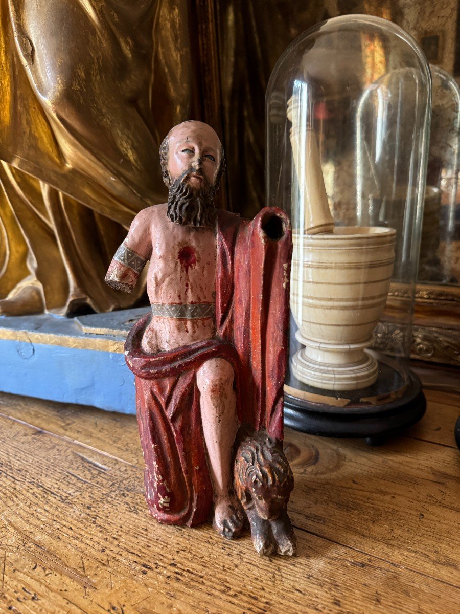 Polychrome Wood Statue - Saint Jerome And The Lion - Polychrome Sculpture - Spanish School-photo-2