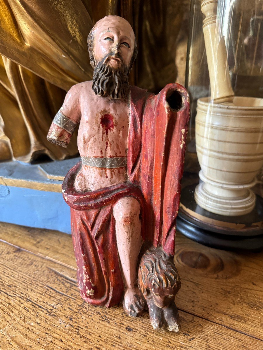 Polychrome Wood Statue - Saint Jerome And The Lion - Polychrome Sculpture - Spanish School-photo-1