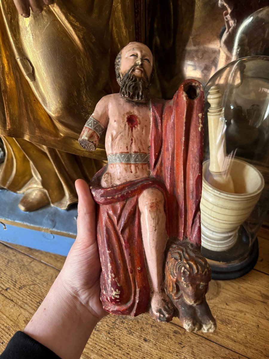 Polychrome Wood Statue - Saint Jerome And The Lion - Polychrome Sculpture - Spanish School-photo-5