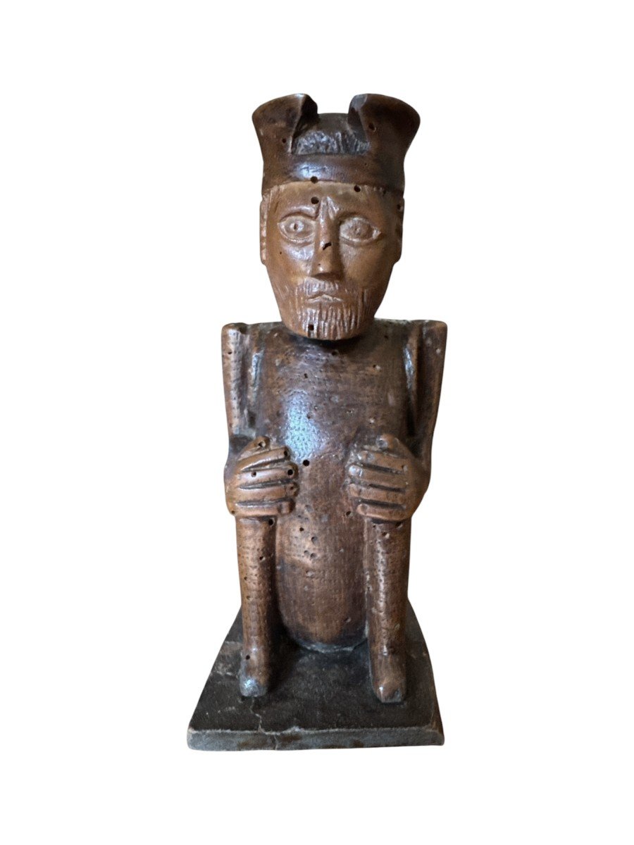 Naked Man With Crown - “king Of The Crotteux” - Pyrogen In Carved Wood - Folk Art 