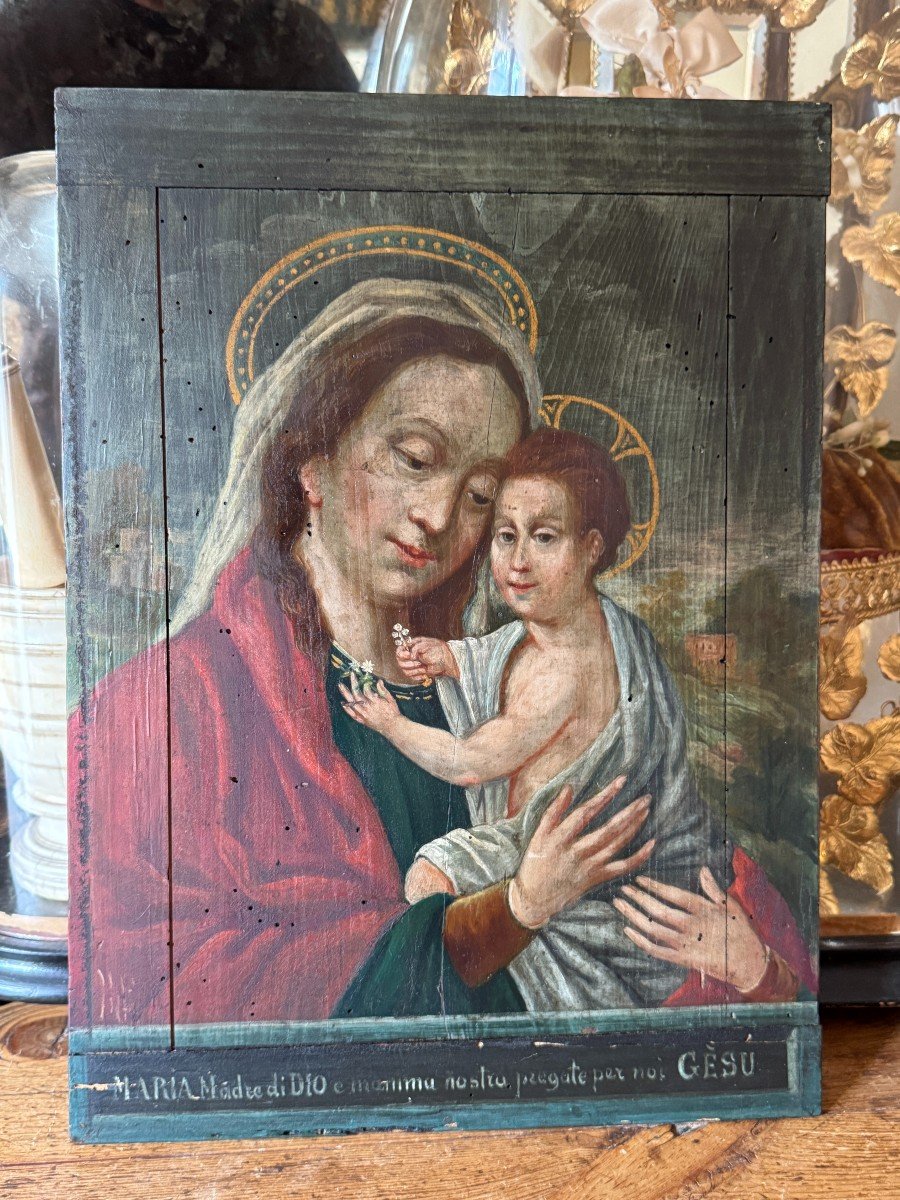 Huile Sur Panneau, Peinture – Vierge à L’enfant – Ex Voto – Fin Du XVIIIe Siècle – Italie-photo-2