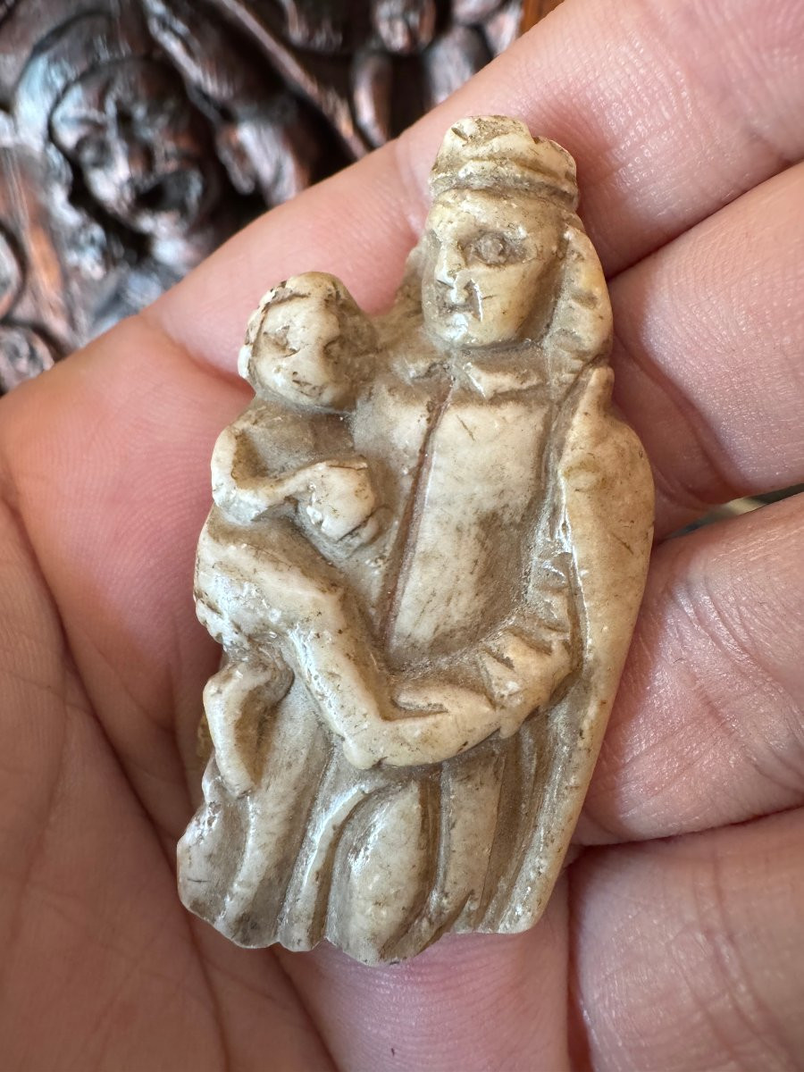 Statuette - Fragment - Virgin And Child - Marble Sculpture - Late Period-photo-3