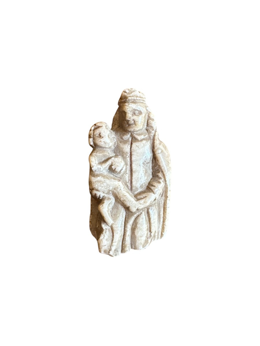 Statuette - Fragment - Vierge à L’enfant – Sculpture En Marbre – Haute époque