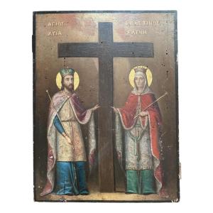 Icône Orthodoxe Grecque - Saint Constantin Et Sainte Hélène - Icone - Tempera Sur Bois