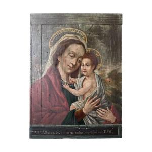 Huile Sur Panneau, Peinture – Vierge à L’enfant – Ex Voto – Fin Du XVIIIe Siècle – Italie