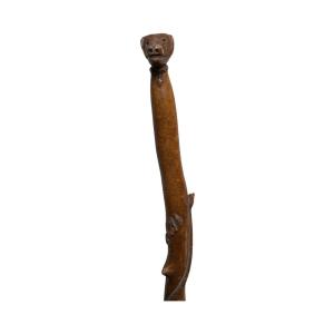 Carved Cane – Shepherd’s Cane With Zoomorphic Decor, Dog’s Head And Snake – Folk Art