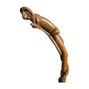 Carved Cane – Shepherd’s Cane With Zoomorphic Decor, Lion Fighting A Snake – Folk Art