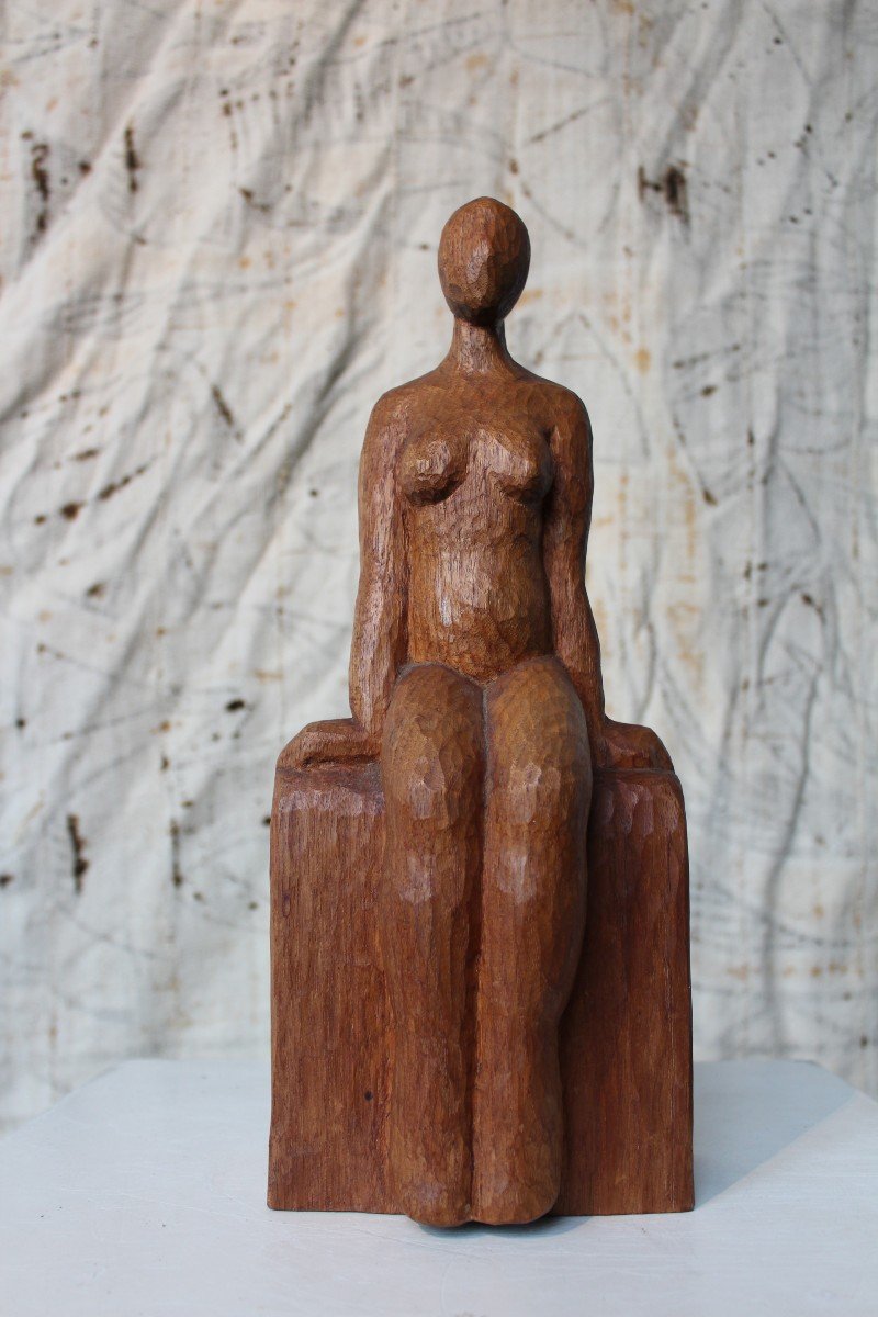 Sculpture Primitive De Femme Assise Sculptée Des Années 70-photo-3