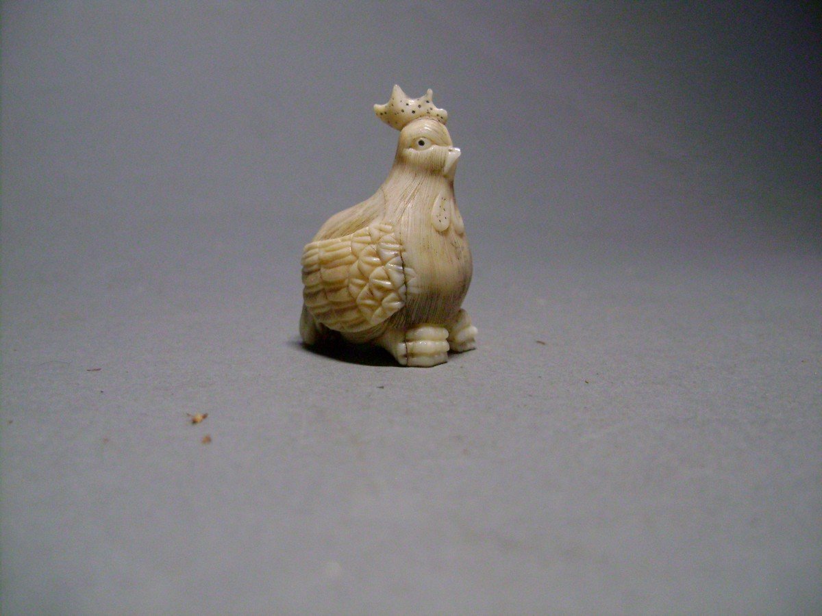 Netsuke En Ivoire. Poule Couvant. Japon époque Taisho (1912-1928 )