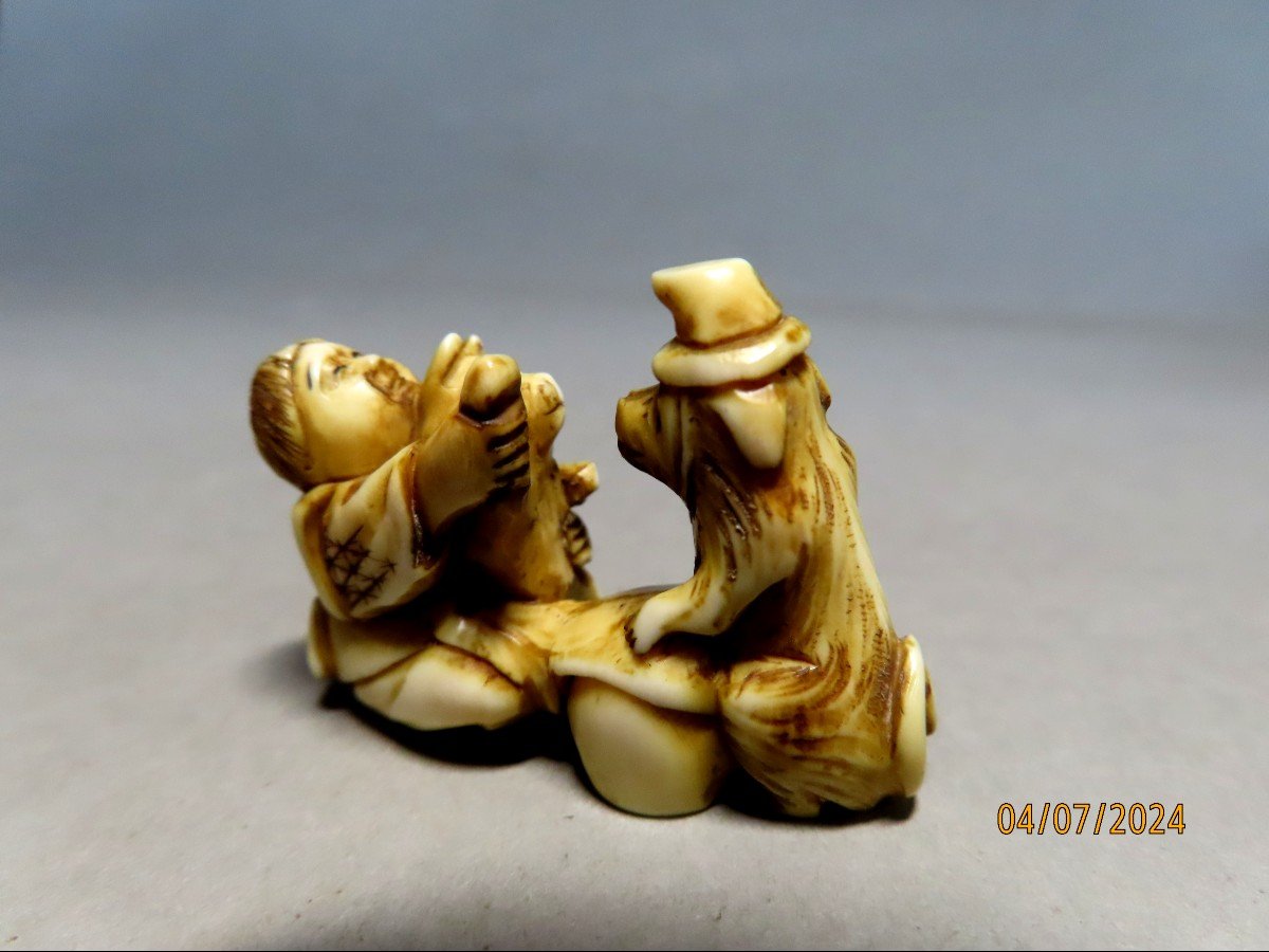 Ivory Netsuke. The Dog Tamer Karako. Japan Meiji Period (1868-1912)-photo-4