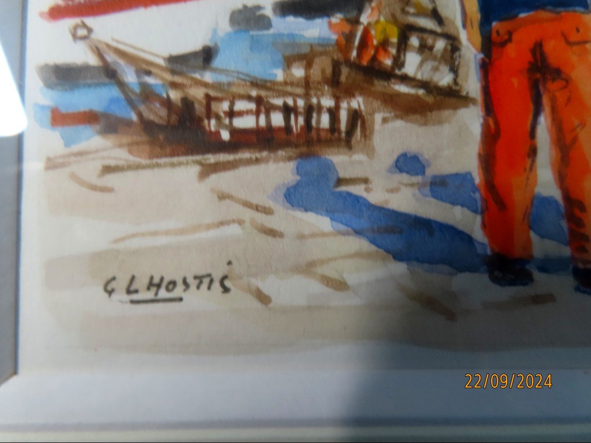 Guy l'Hostis, Peintre officiel de la Marine. " La cale à Chausey ", gouache. Bretagne.-photo-2