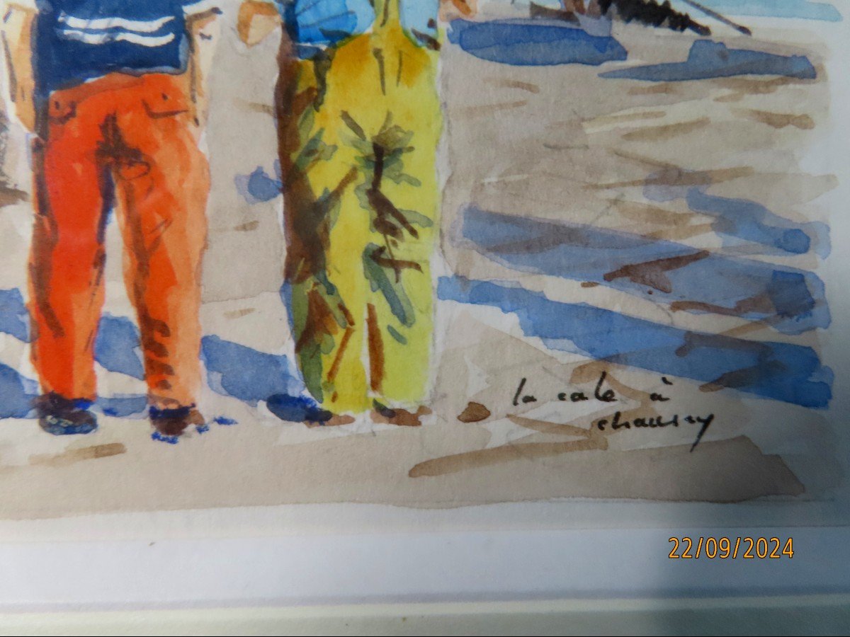 Guy l'Hostis, Peintre officiel de la Marine. " La cale à Chausey ", gouache. Bretagne.-photo-3