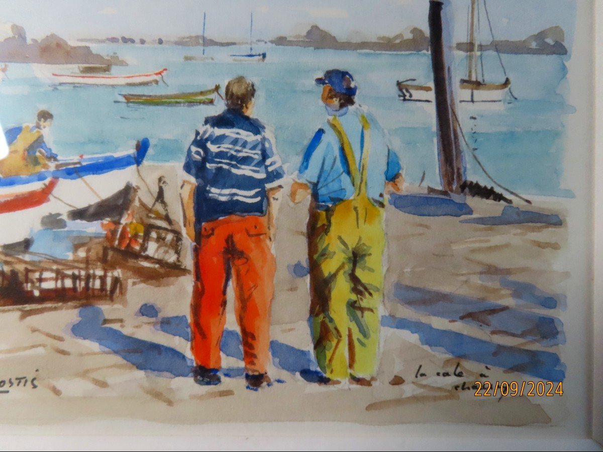 Guy l'Hostis, Peintre officiel de la Marine. " La cale à Chausey ", gouache. Bretagne.-photo-4