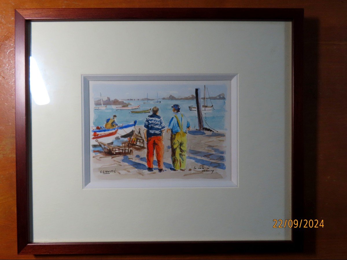 Guy l'Hostis, Peintre officiel de la Marine. " La cale à Chausey ", gouache. Bretagne.