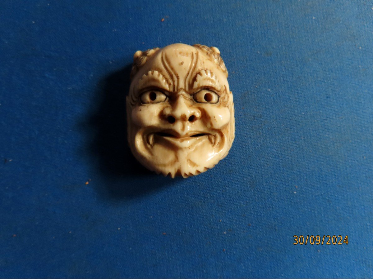 Ivory Netsuke. Kabuki Theater Mask. Oni. Signed Gyokuko. Japan Meiji Period (1868-1912)