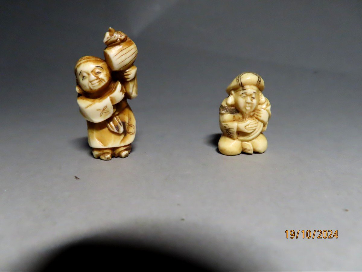 Two Ivory Netsuke. Daikoku And Daikoku. Japan Meiji Period (1868-1912)