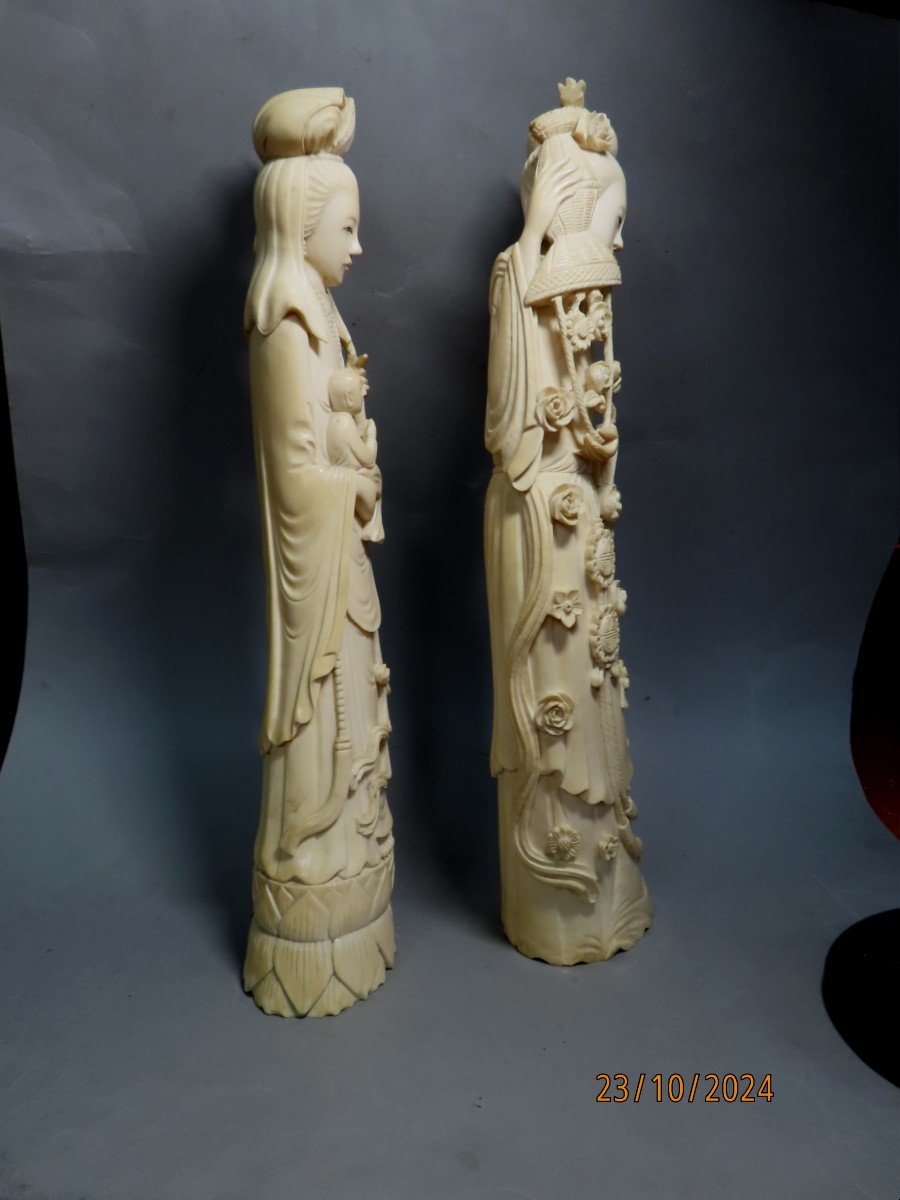 Two Ivory Okimono. Gwan-yin With Girls And Child. Japan Taisho Era (1912-1928)-photo-4