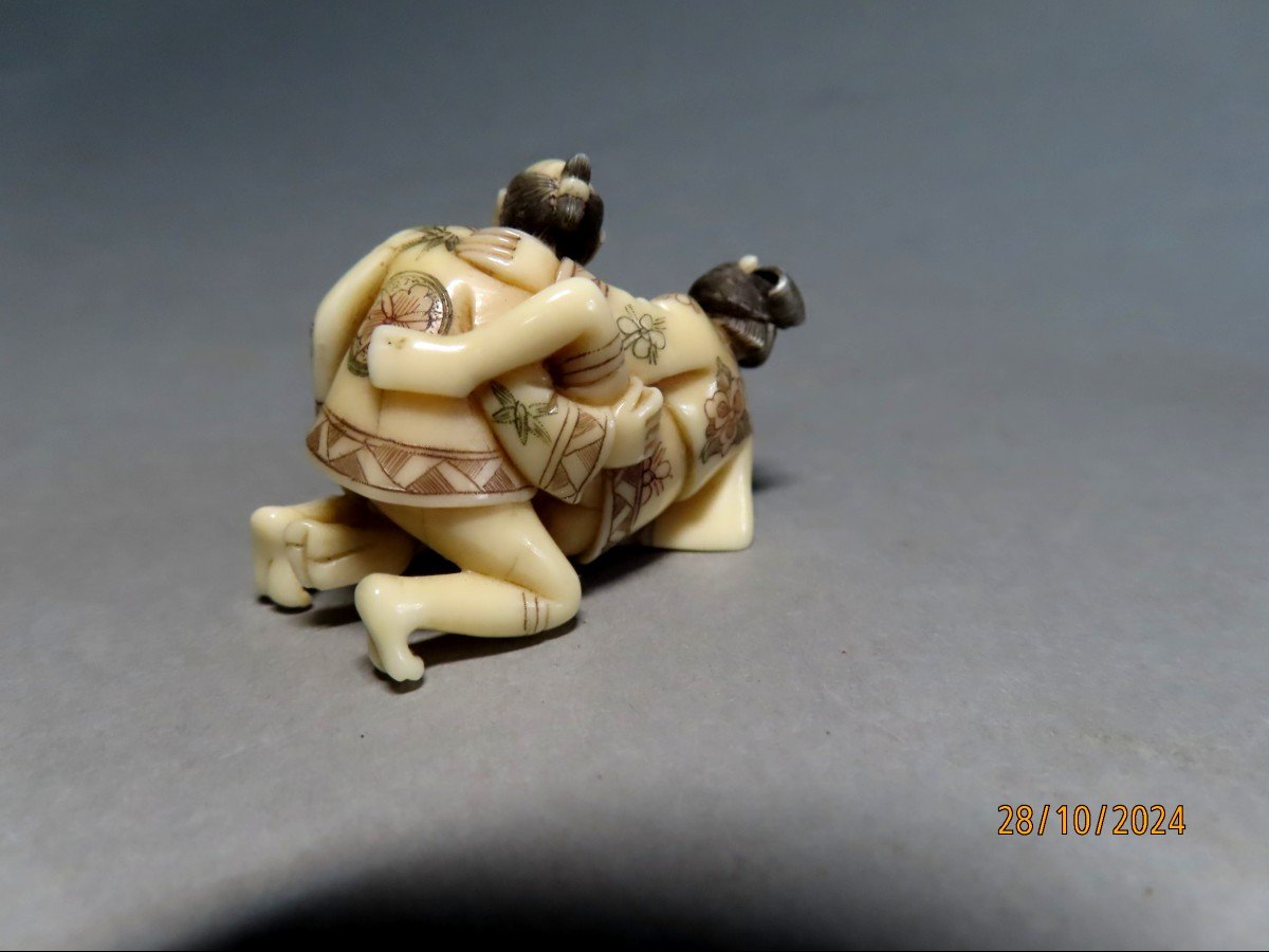 Erotic Netsuke In Ivory. Couple. Japan Taisho Period (1912-1928)-photo-3