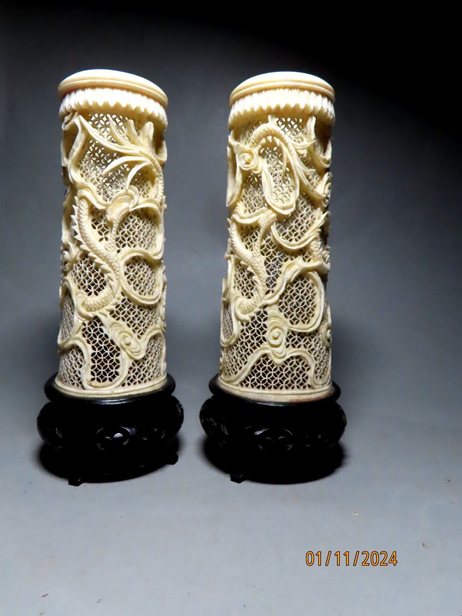 Pair Of Ivory Okimono. Brush Pots Or Bitong. China (1912-1949)-photo-2