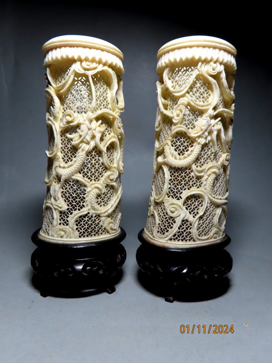 Pair Of Ivory Okimono. Brush Pots Or Bitong. China (1912-1949)-photo-3