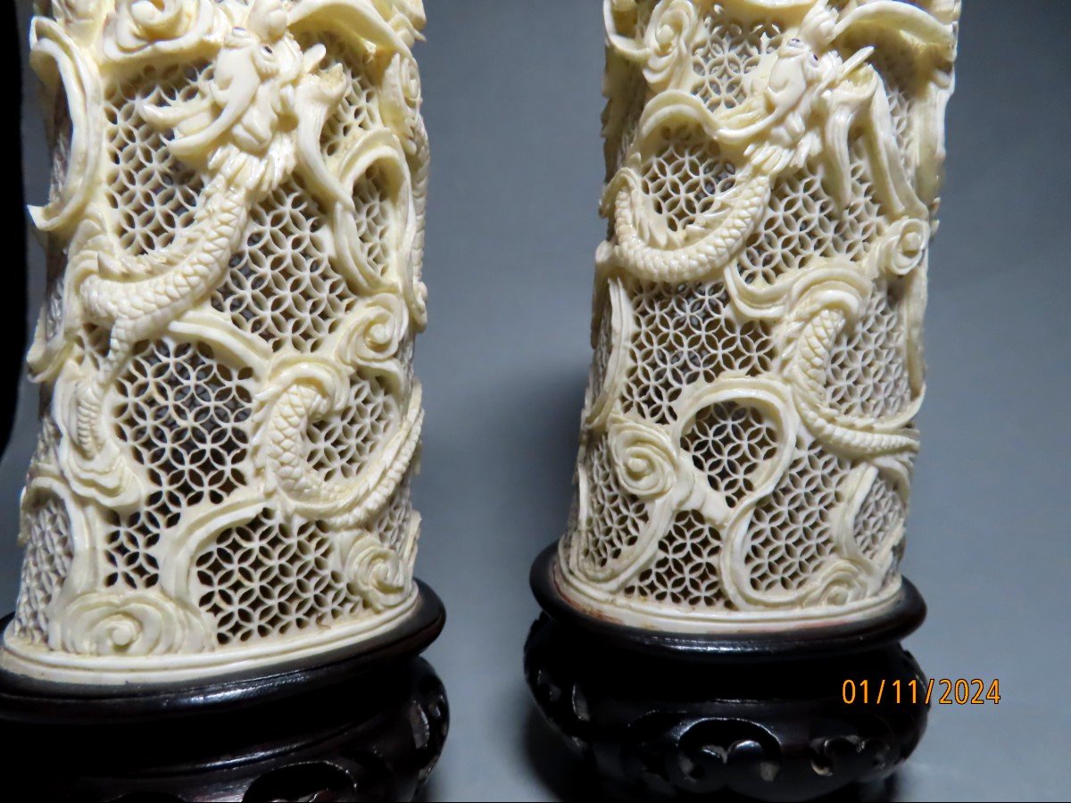 Pair Of Ivory Okimono. Brush Pots Or Bitong. China (1912-1949)-photo-2