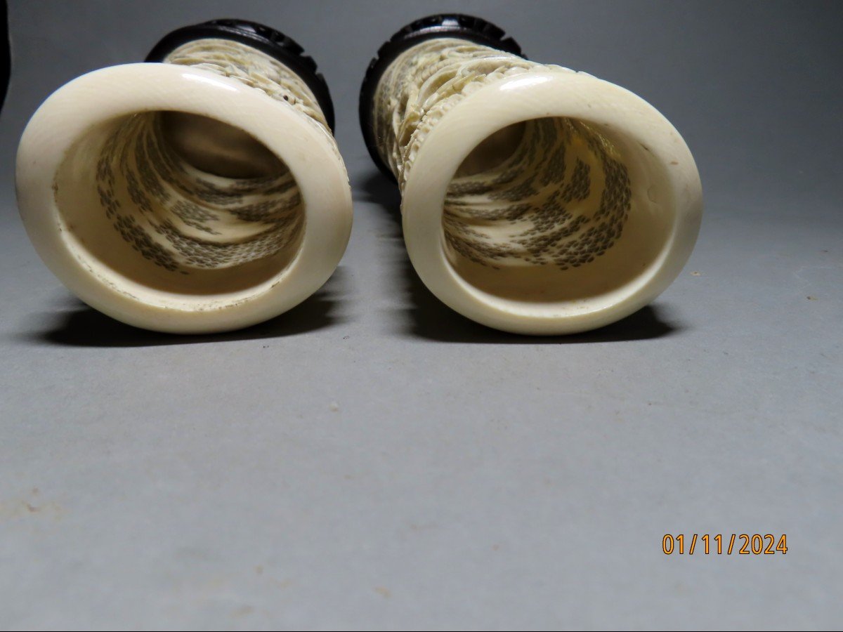 Pair Of Ivory Okimono. Brush Pots Or Bitong. China (1912-1949)-photo-3