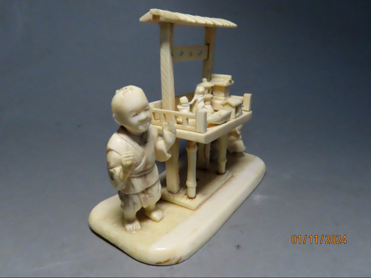 Ivory Okimono. Karako And Toys. Signed Shin'yuki' 心之 . Japan Meiji Period (1868-1912)-photo-2