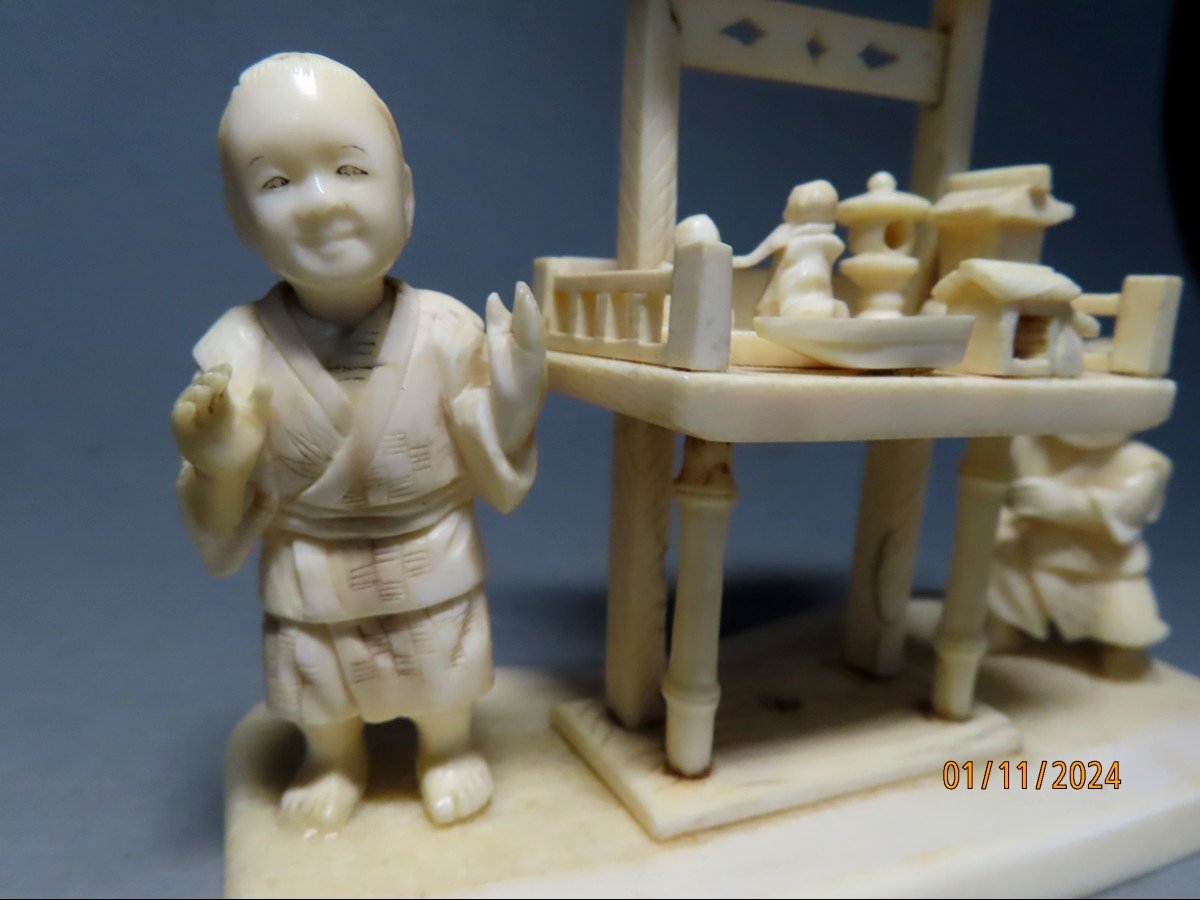 Ivory Okimono. Karako And Toys. Signed Shin'yuki' 心之 . Japan Meiji Period (1868-1912)-photo-4