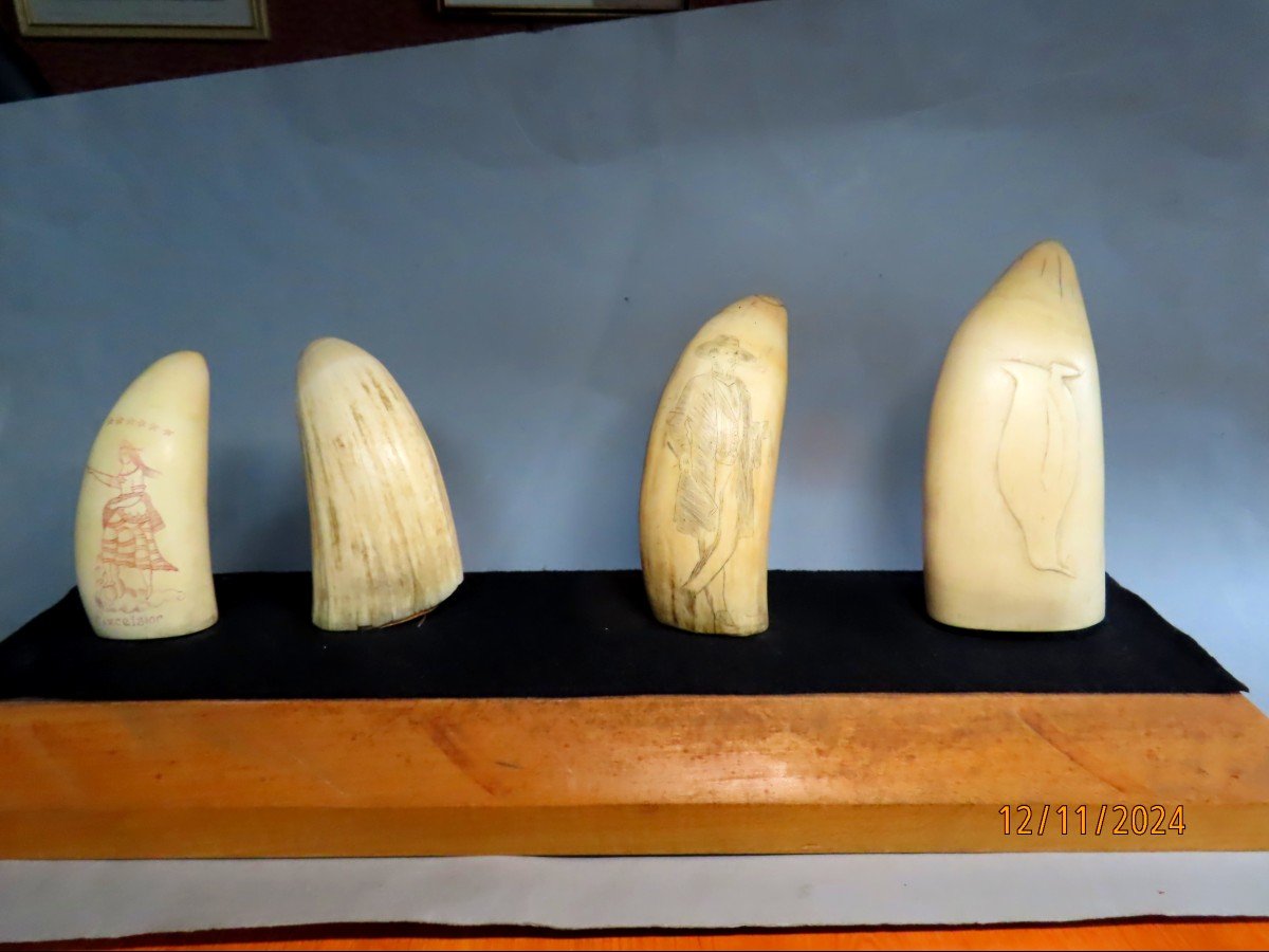 Scrimshaws, Four Sperm Whale Teeth. 19th Century-photo-2