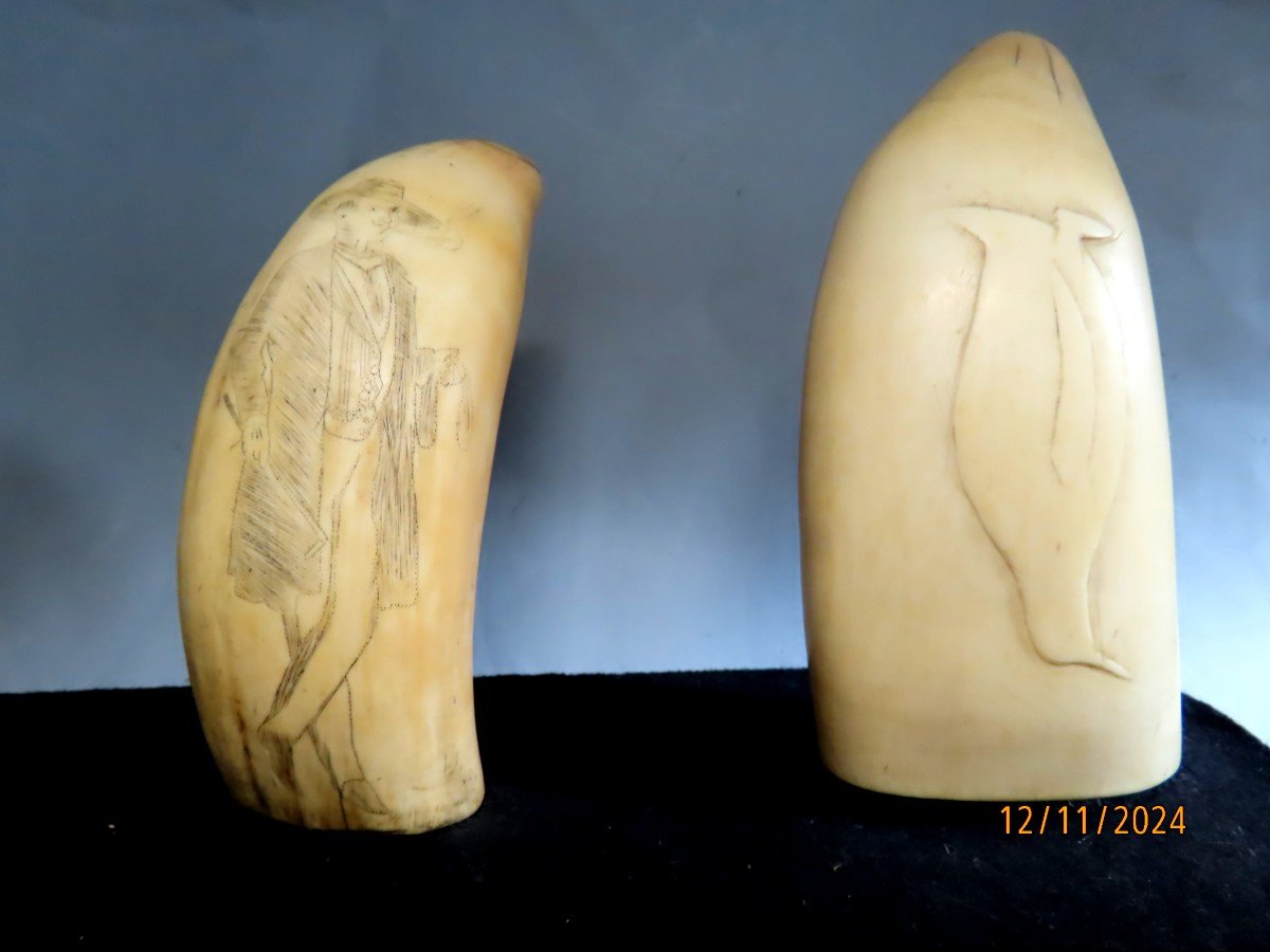 Scrimshaws, Four Sperm Whale Teeth. 19th Century-photo-4