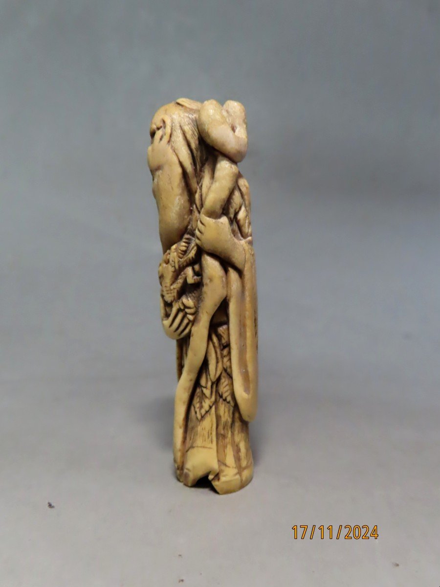 Netsuke en corne de cerf. Sennin et bébé dragon. Japon époque EDO (1603-1868 )-photo-3