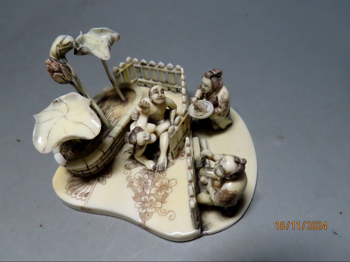 Erotic Ivory Okimono. Small Scene. Japan Taisho Period (1912-1928)-photo-3