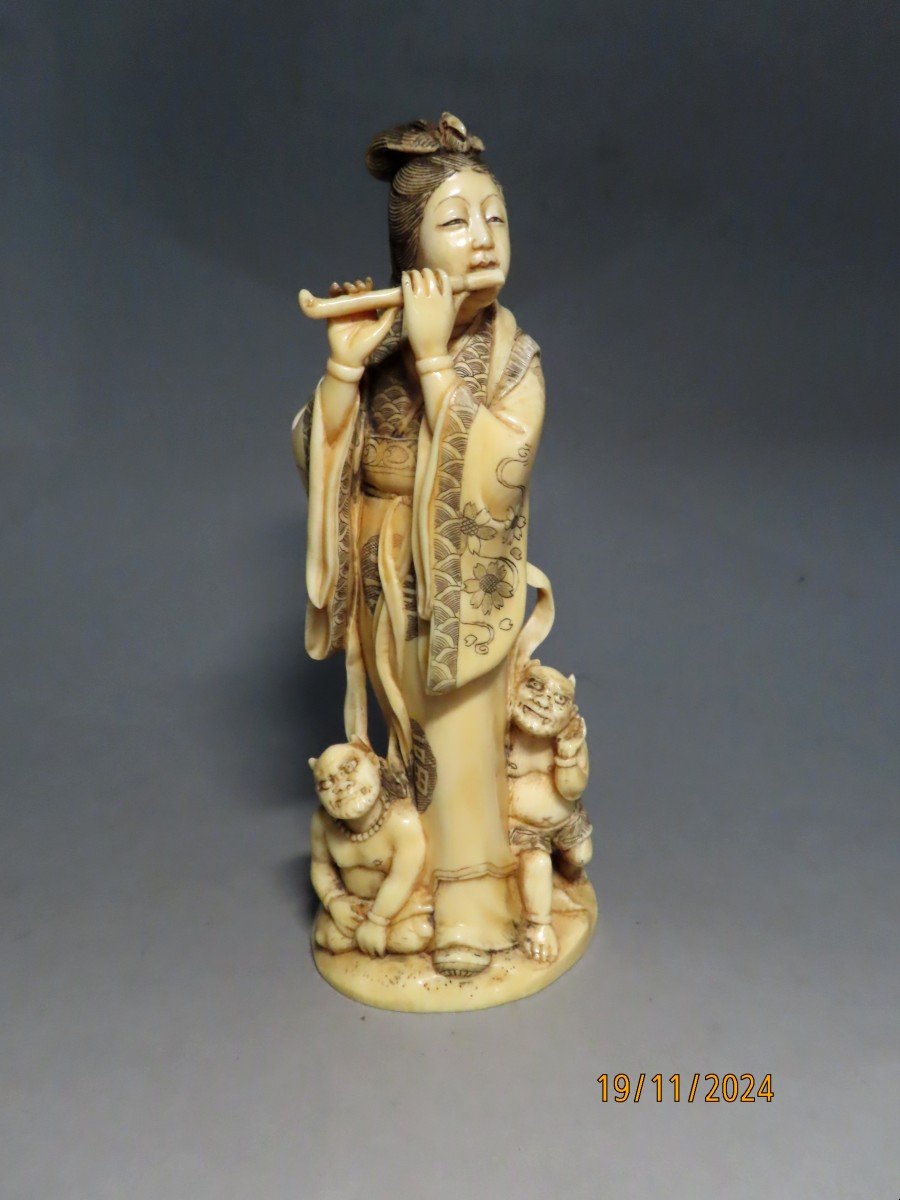 Ivory Okimono. The Oni Charmer. Japan Meiji Period (1868-1912)