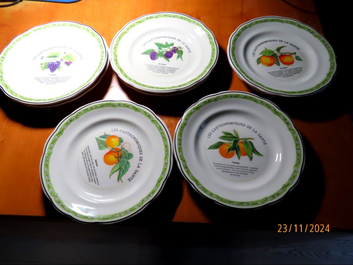 8 New Gien Earthenware Dessert Plates In Their Original Box.-photo-2