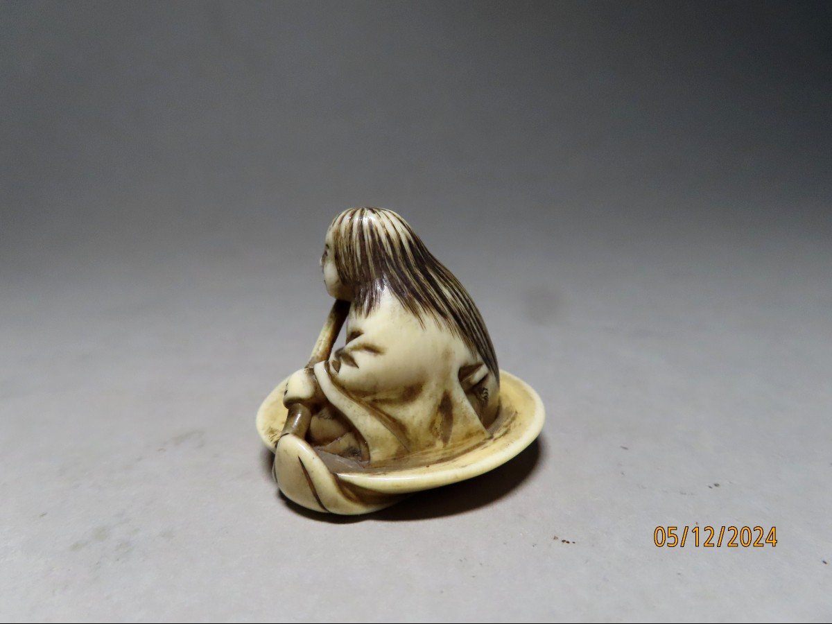 Ivory Netsuke. Shojo In A Sake Cup. Signed Ryumin, Edo School. Japan, Meiji Period.-photo-3