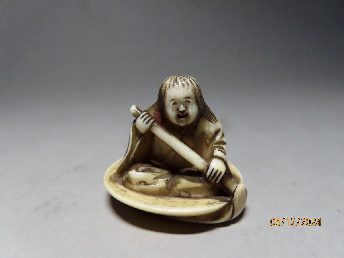 Ivory Netsuke. Shojo In A Sake Cup. Signed Ryumin, Edo School. Japan, Meiji Period.-photo-3